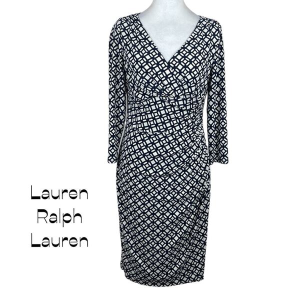 Lauren Ralph Lauren Navy Cream Ruched Party Date Dress NWOT Size 8 - Picture 2 of 13